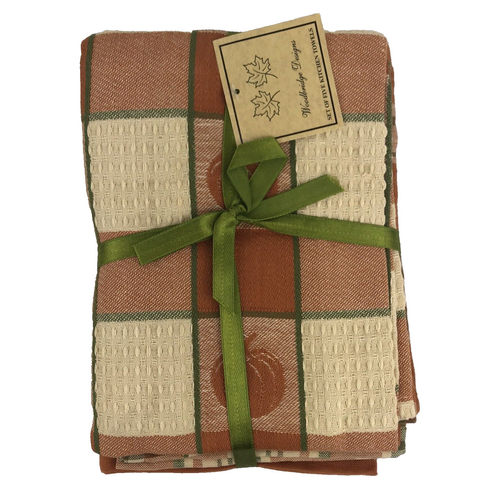NWT Woodbridge Designs Pumpkin Kitchen Towels Set of Five Cotton Orange Fall